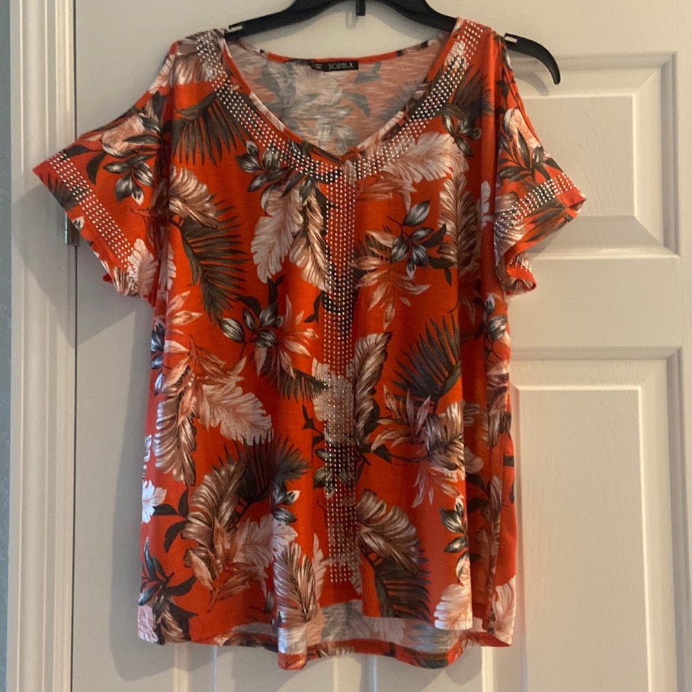 Cold  shoulder Hawaiian inspired tropical summer top
